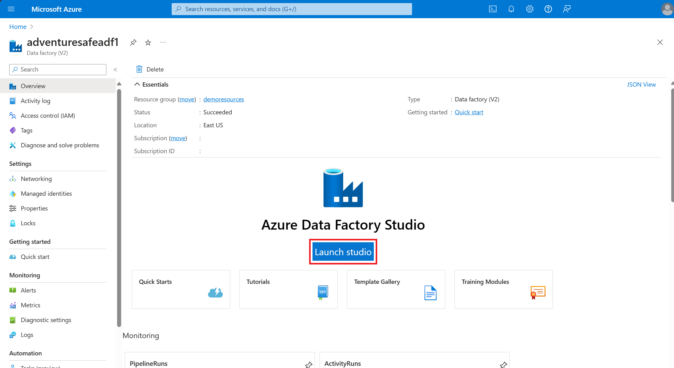 Screenshot of launch ADF Studio from Azure portal.